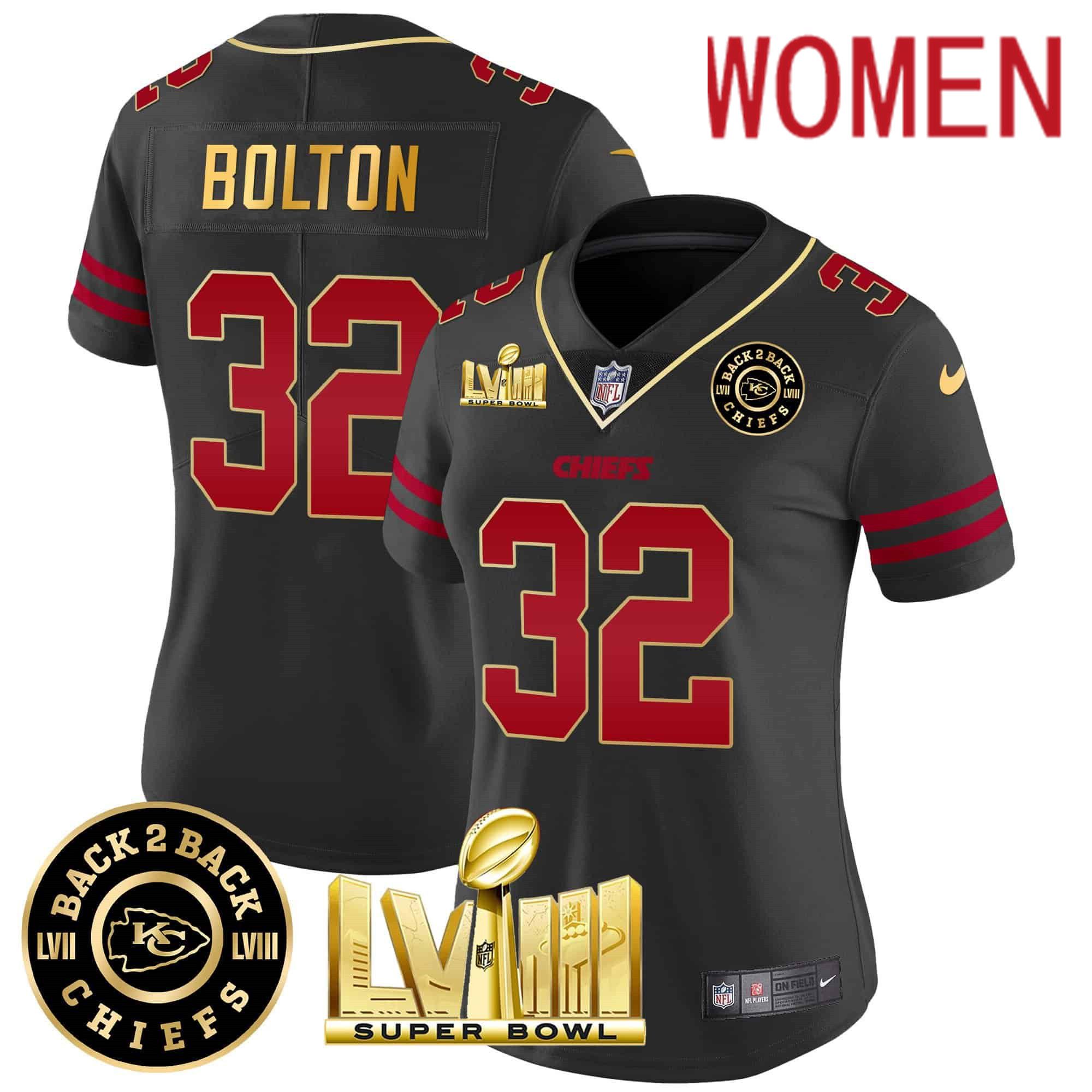 Women Kansas City Chiefs #32 Bolton Black 2024 Nike Super Bowl LVIII & Back-2-Back Patch Vapor NFL Jersey style 1